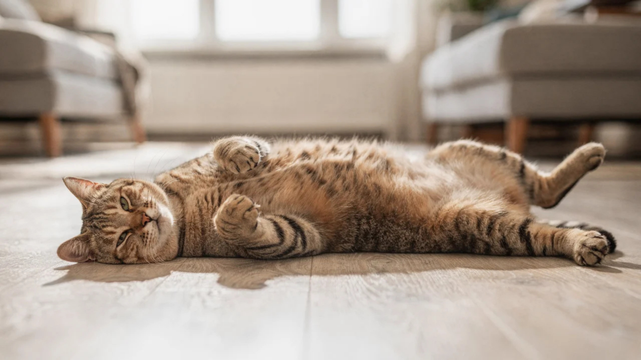 Cómo saber si mi gato es feliz: gato relajado mostrando la barriga en casa